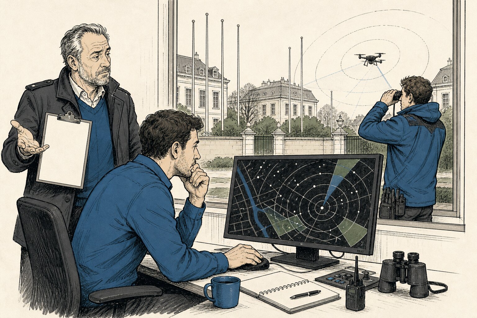 Beveiliger achter een radarscherm met stippen boven ambassadepanden, een collega ernaast met een leeg klembord