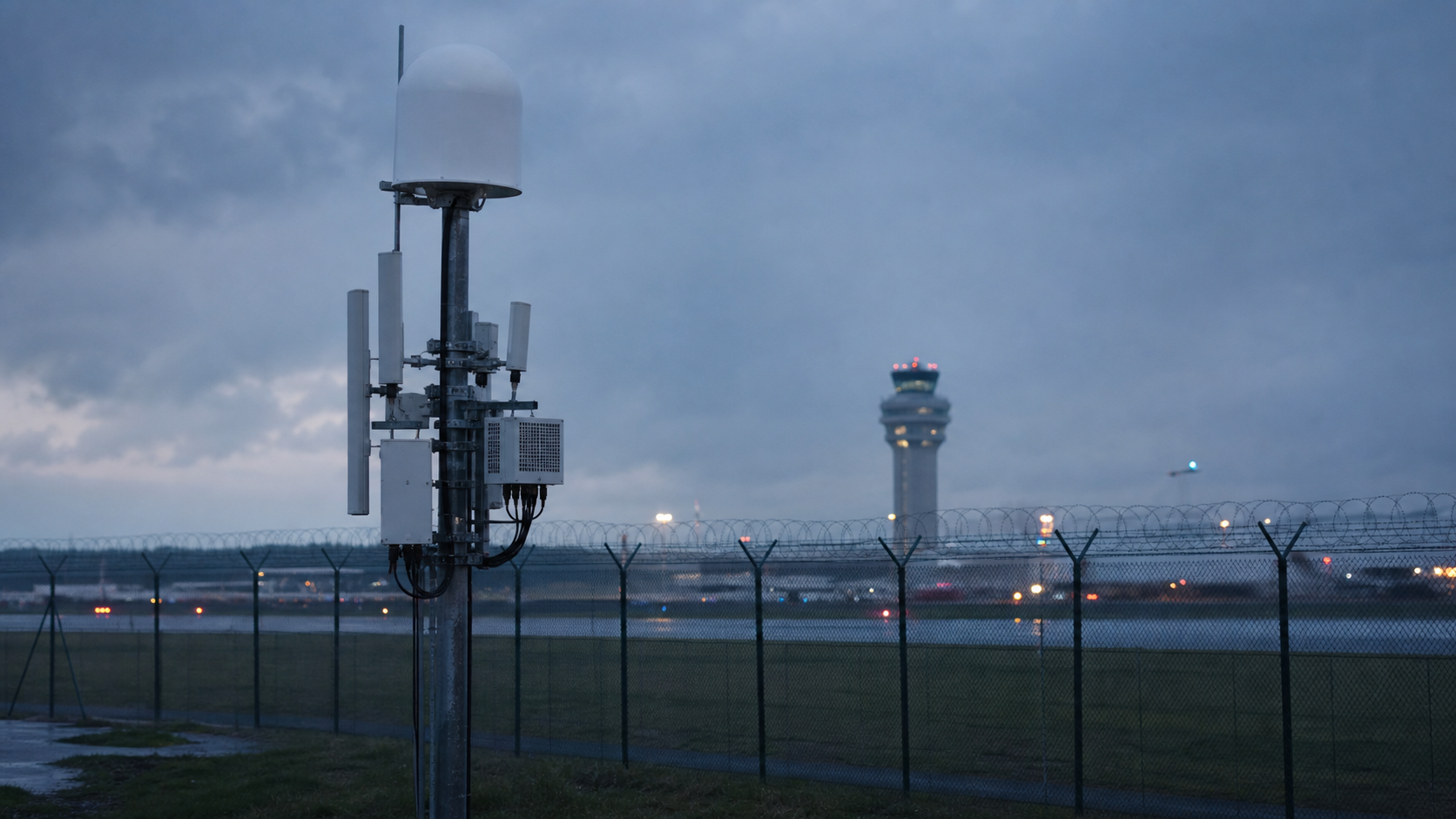 Antidrone-sensormast met radardome langs het hek van een luchthaven bij schemer, verkeerstoren op de achtergrond