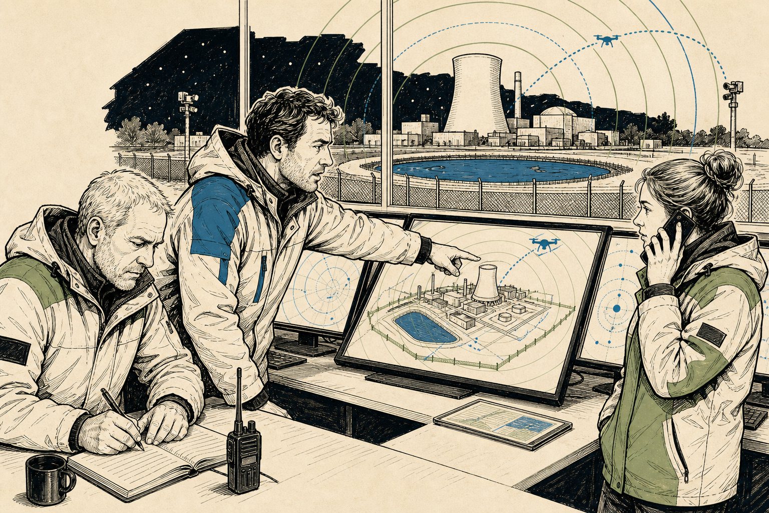 Illustratie: operators in een meldkamer volgen een schematische kaart van een kerncentrale met een dronevliegpad