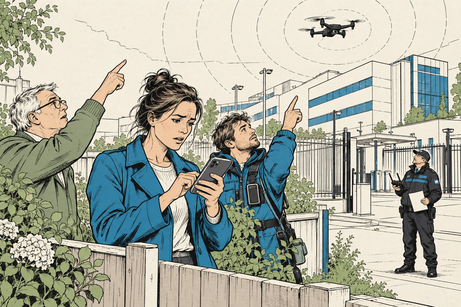 Illustratie van buurtbewoners bij een tuinhek die naar een zwarte drone boven kantoorgebouwen wijzen terwijl een beveiliger met een controller bij de poort staat
