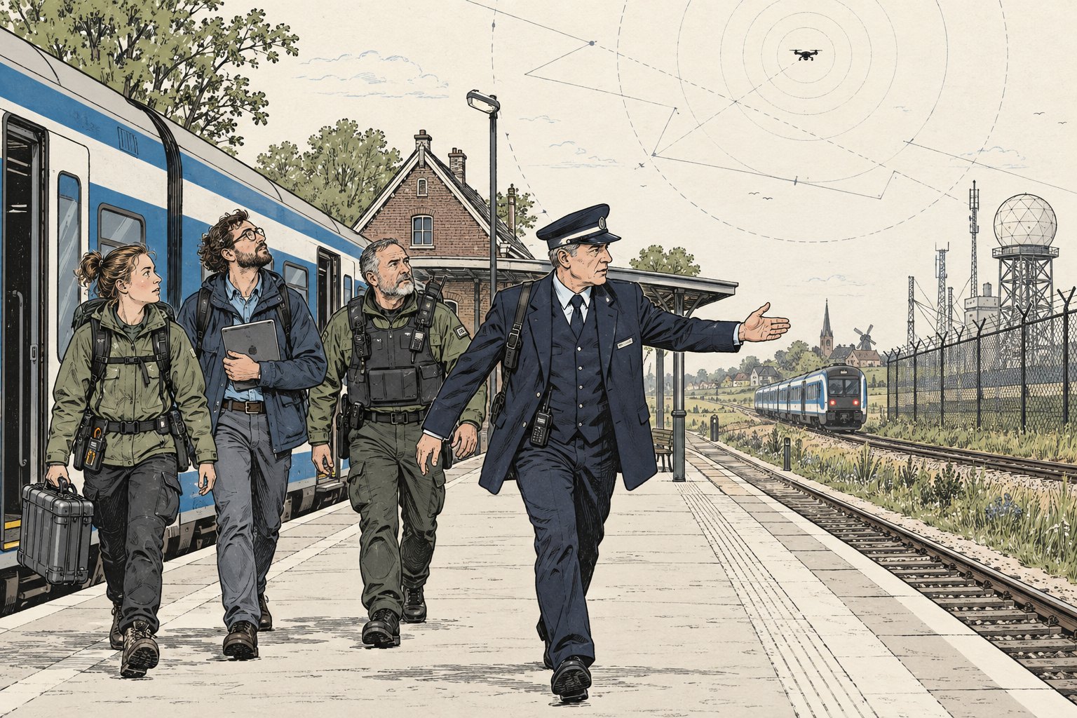 Conducteur leidt passagiers weg van een stilstaande trein op een klein grensstation terwijl een drone in de lucht hangt