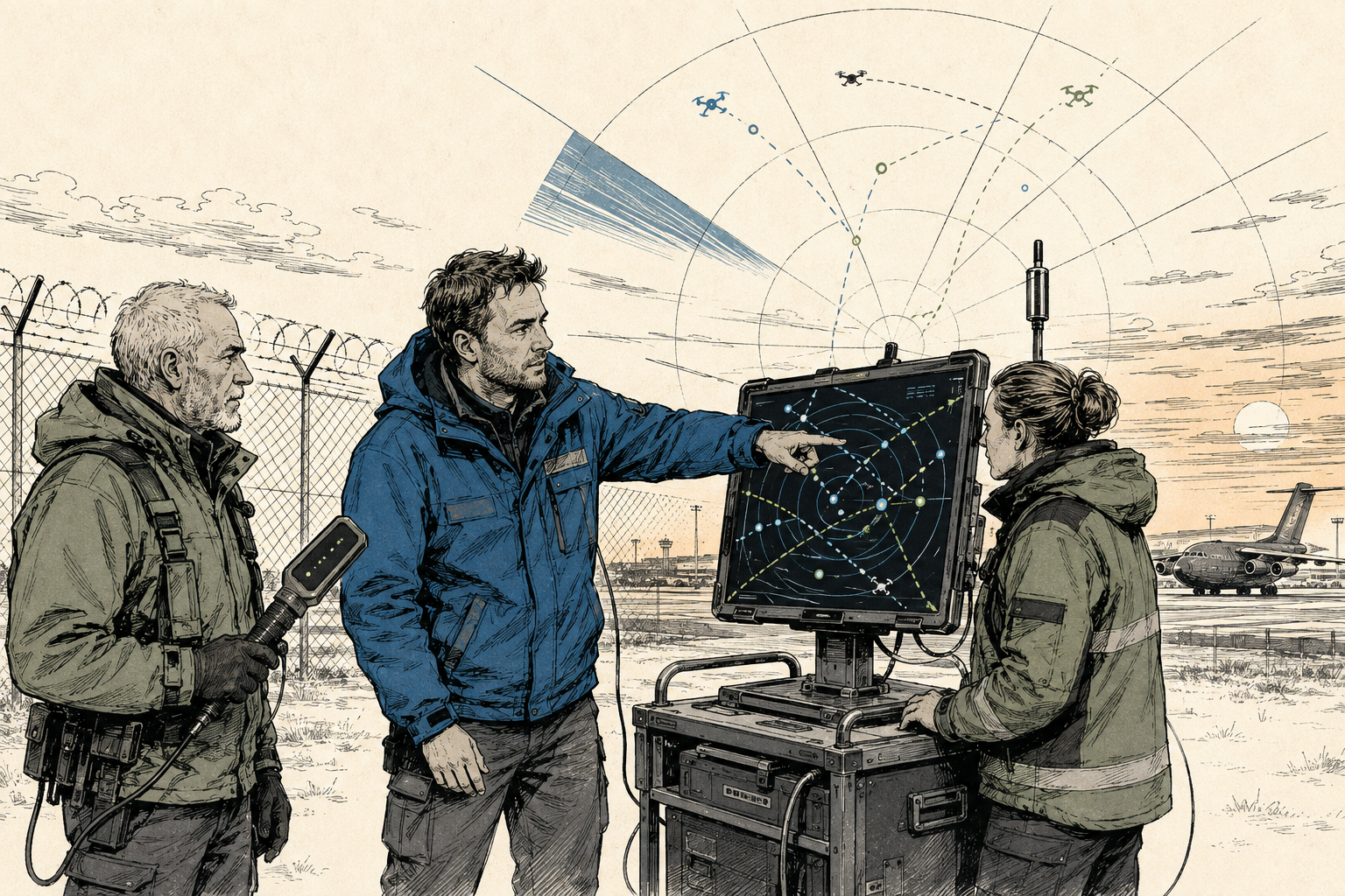 Beveiligers bij een hek langs een vliegveld kijken naar een radarscherm met dronesporen
