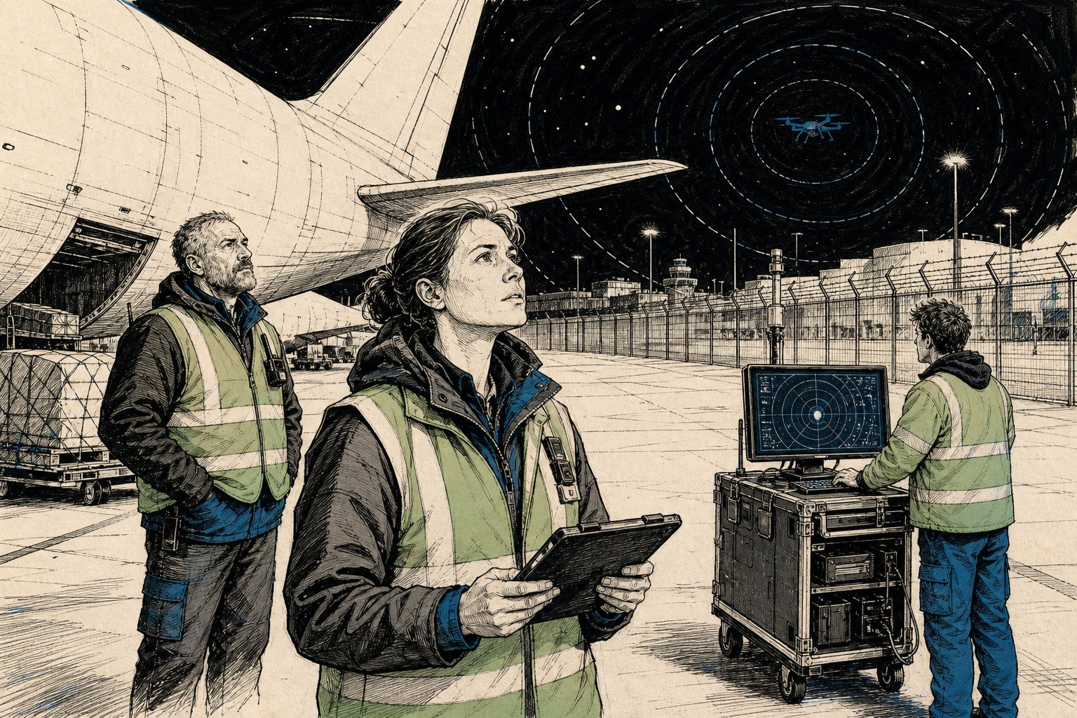Illustratie van luchthavenpersoneel op een vrachtplatform dat omhoog kijkt terwijl een collega een detectiescherm op een karretje bedient