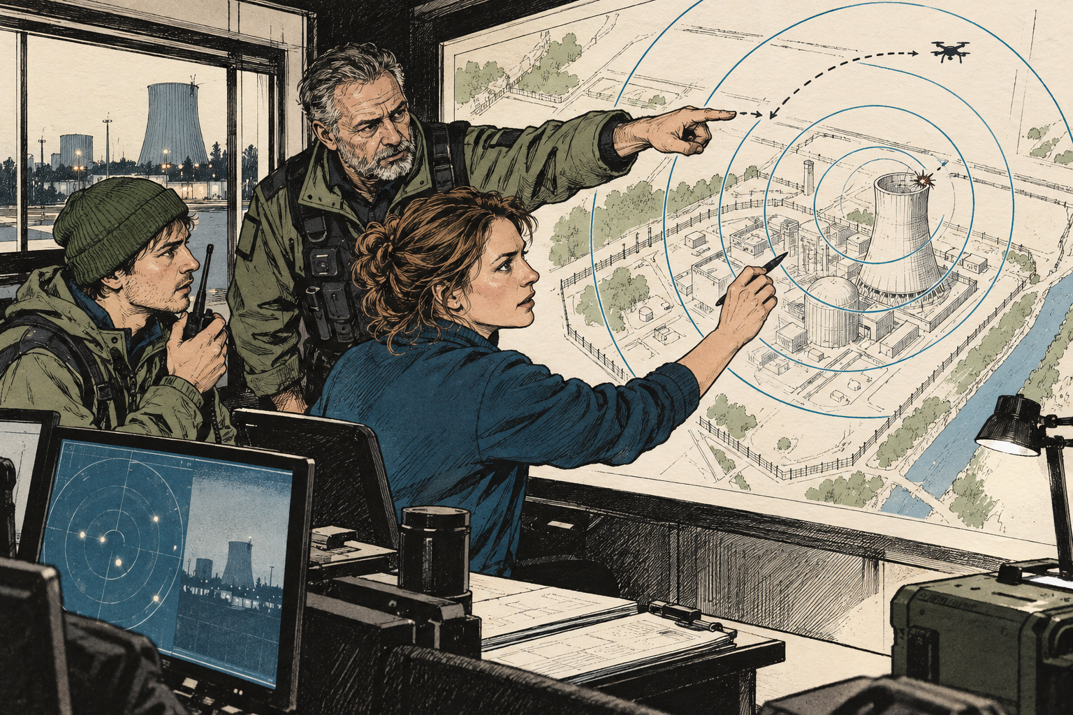 Illustratie: luchtruimanalist en veiligheidsfunctionaris bekijken detectieringen rond een koeltoren van een energiecentrale