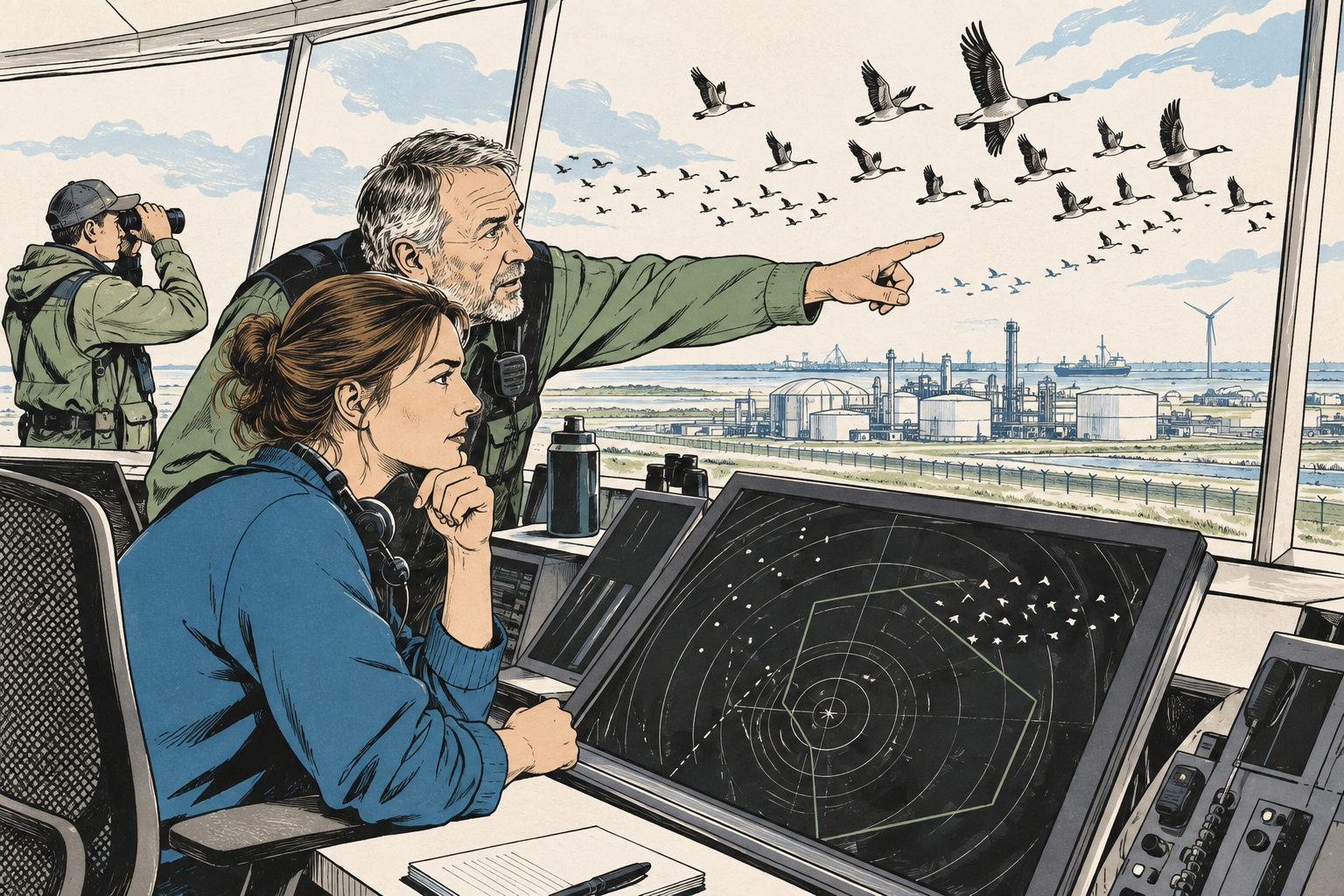 Illustratie van twee luchtverkeersleiders bij een radarscherm terwijl een zwerm vogels langs het raam vliegt