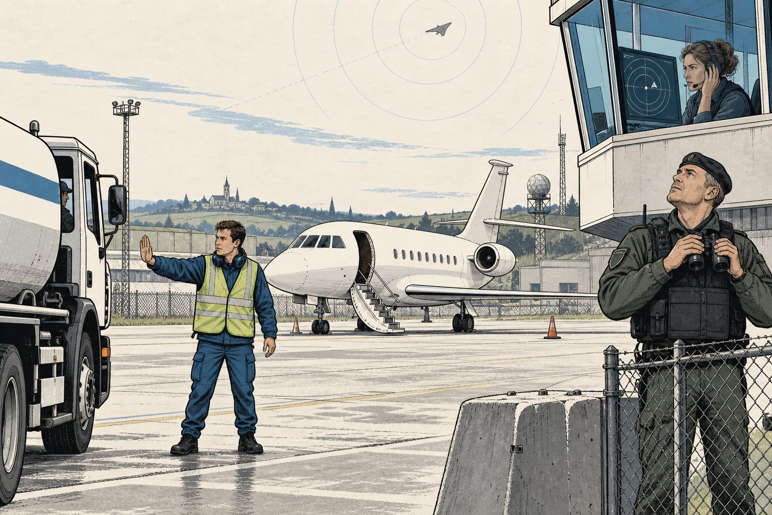 Illustratie van een regeringsvliegtuig op een platform terwijl een grondmedewerker een tankwagen tegenhoudt en een verkeersleider naar de radar kijkt